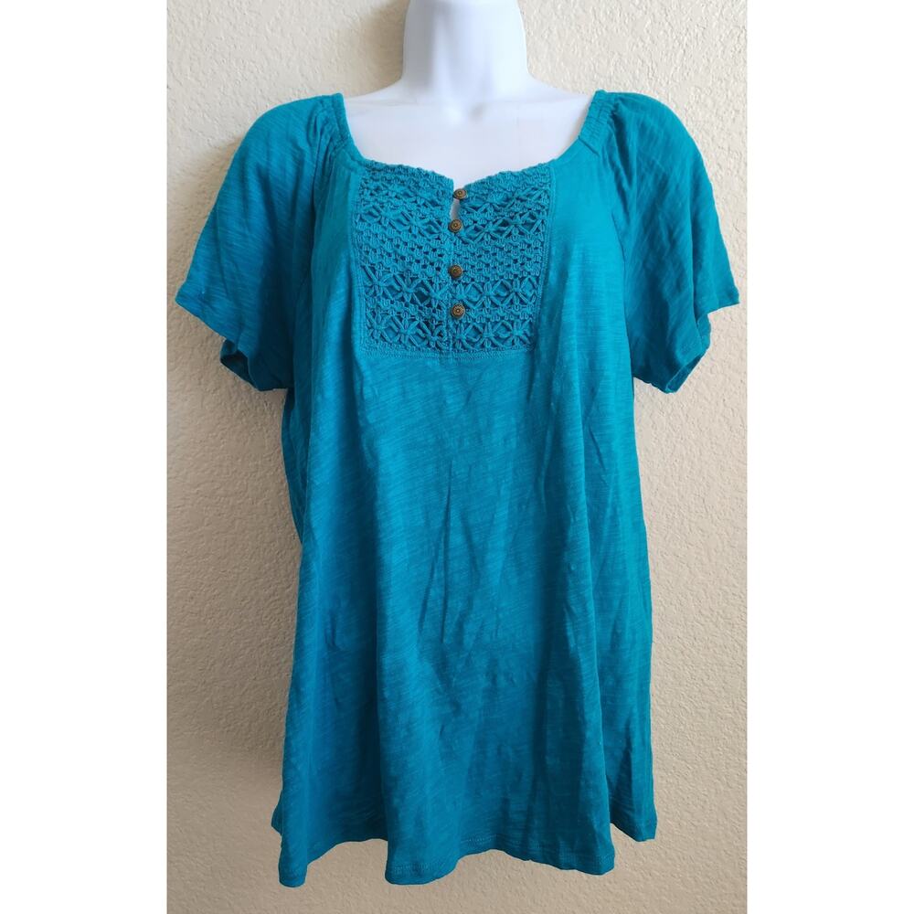 Liz Wear Blue Crochet Lace Bodice Insert Top XXL Plus Lightweight Short Sleeves